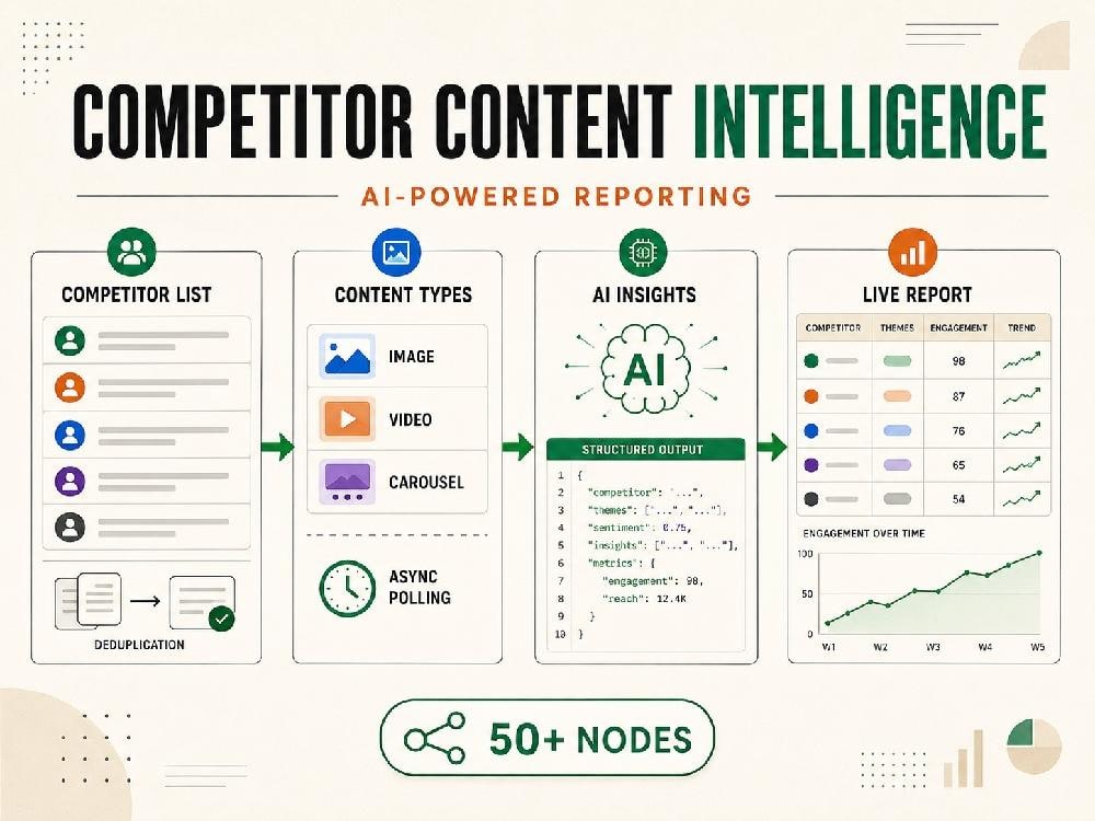 Competitor content intelligence workflow showing content routing, AI insights, structured output, and live reporting
