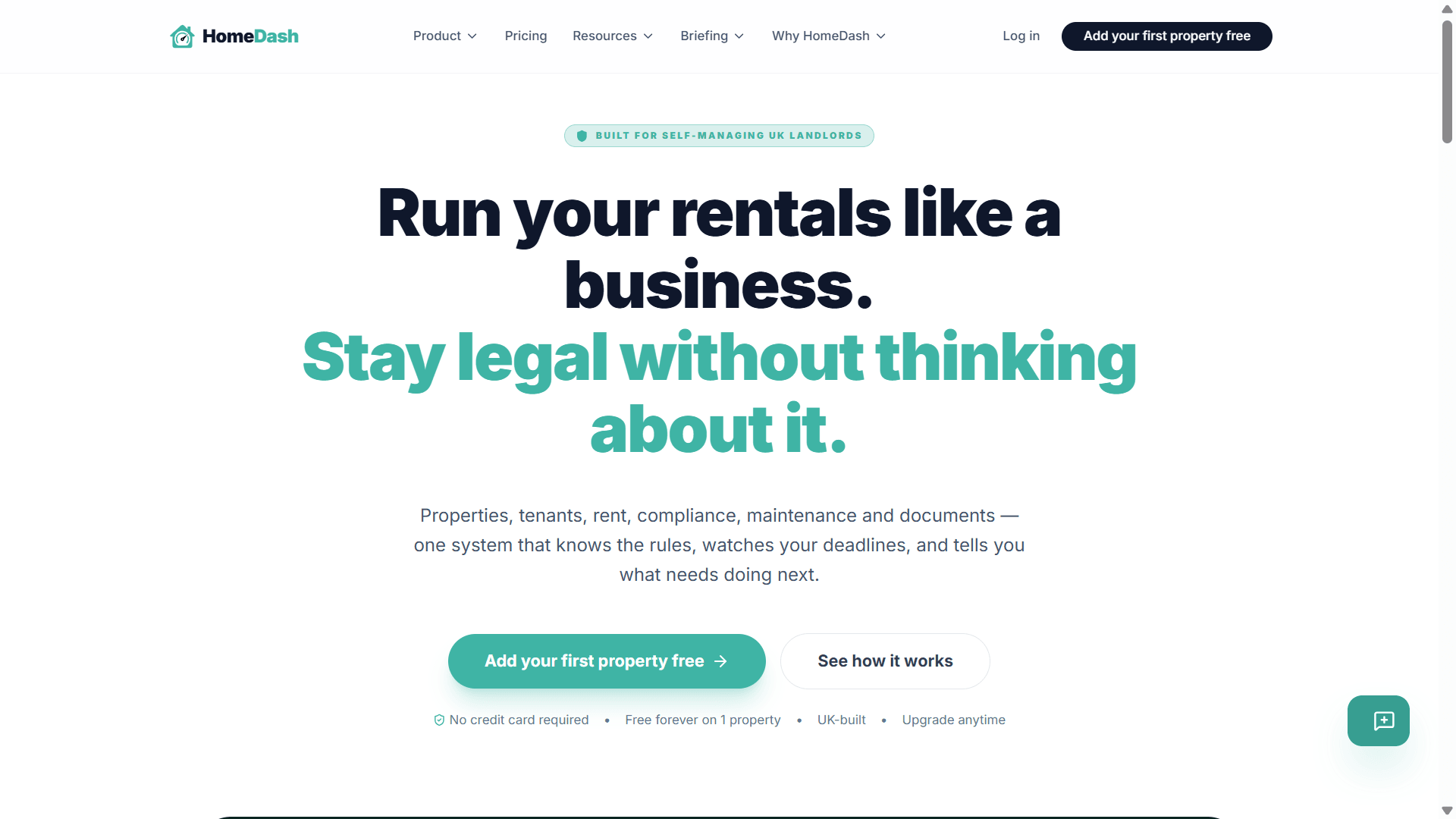 HomeDash homepage for self-managing UK landlords
