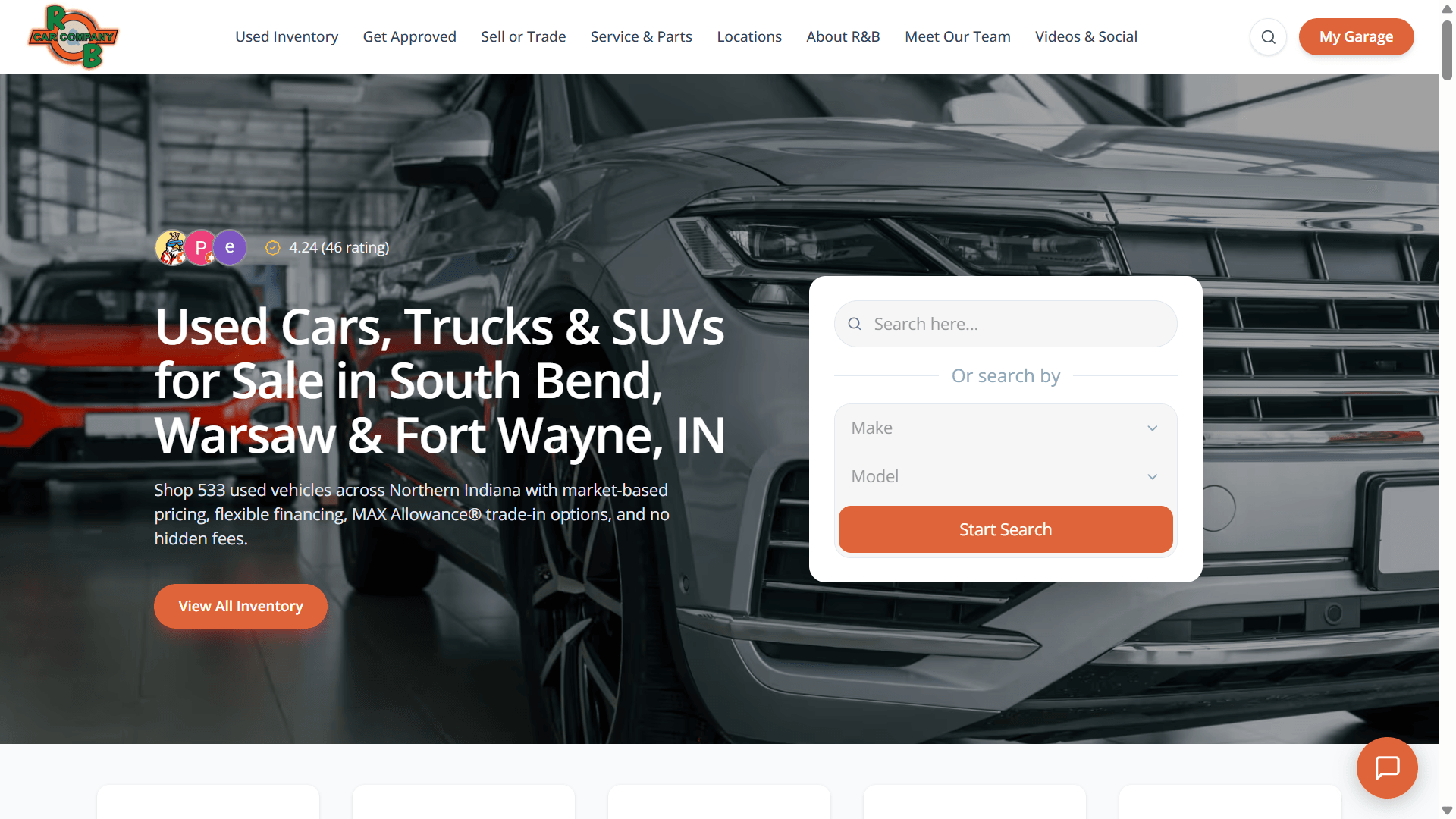 RBCAR Company dealership homepage with vehicle search and used inventory introduction